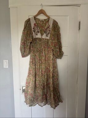 Boho Floral Green and Pink Midi Dress